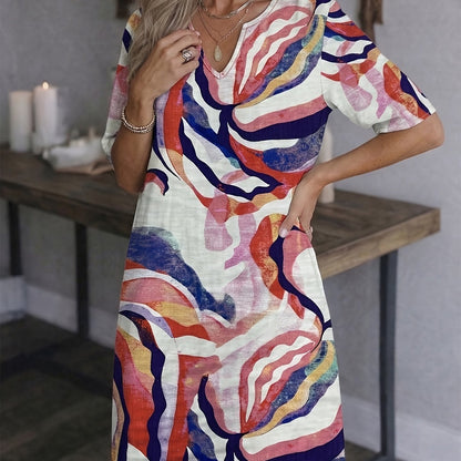 Women's artful print V-neck shift dress in a bright summer colourway