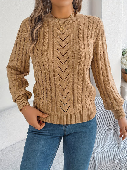 Kessoro Women's Cable-Knit Round Neck Sweater in khaki, grey and orange-red - women's apparel, view 7 of 21