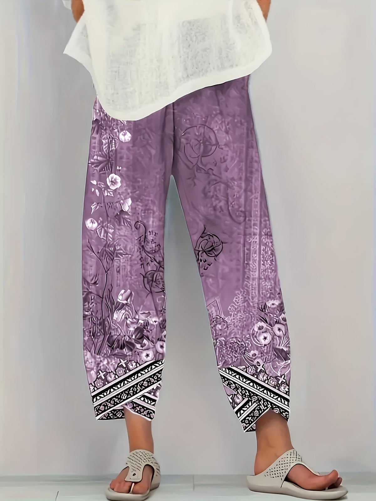 Kessoro women's botanical print elastic-waist cropped trousers in vintage plant and retro colours