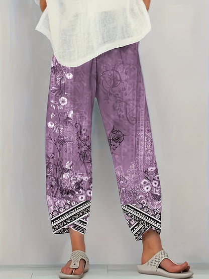Kessoro women's botanical print elastic-waist cropped trousers in vintage plant and retro colours