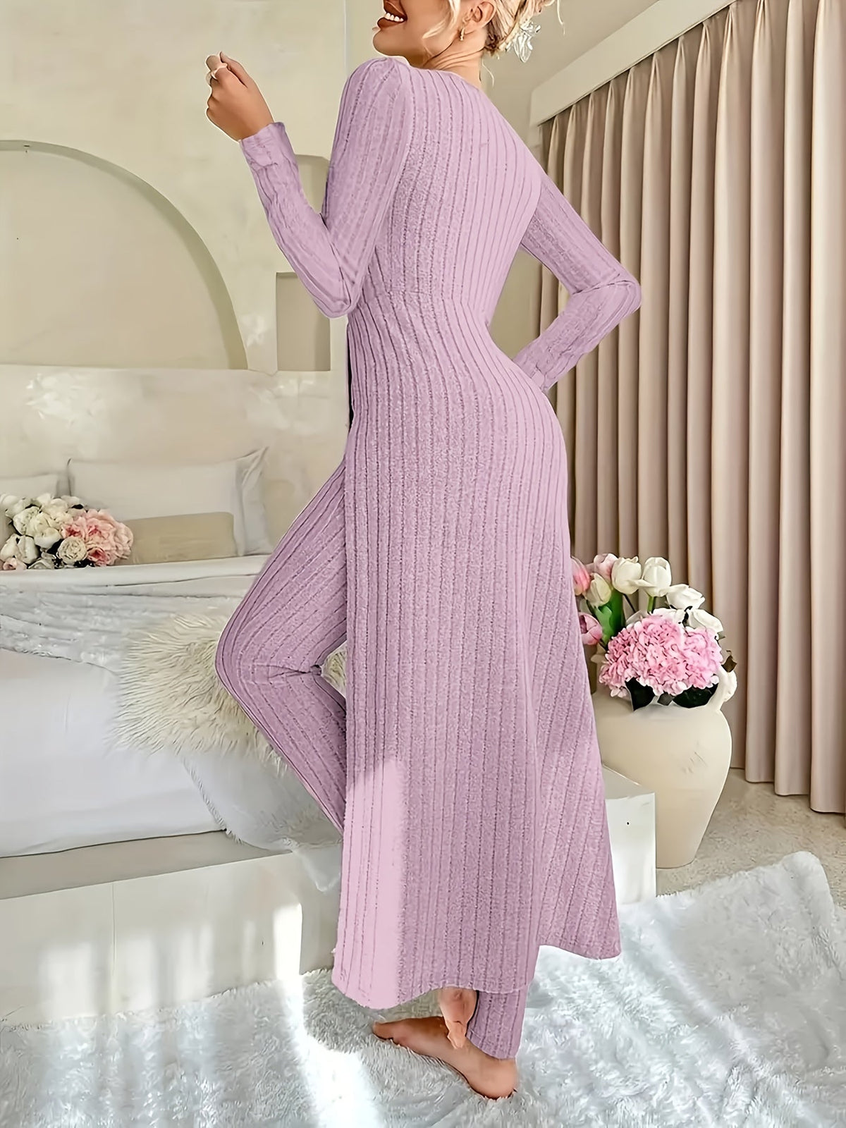 Kessoro women's ribbed tunic and wide-leg trouser lounge set in sage, violet and peacock blue, view 2
