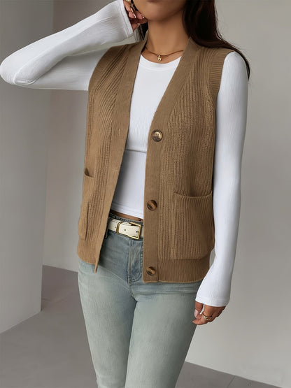 Kessoro women's buttoned V-neck knit vest with front pockets in soft neutral colourways