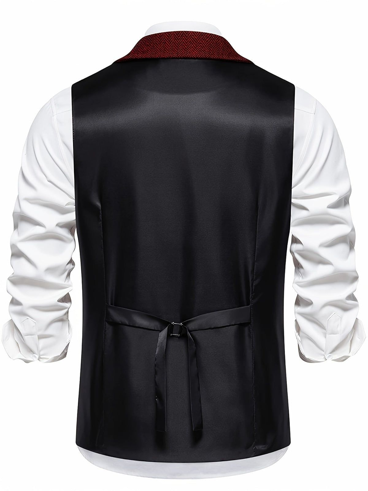 Kessoro men's herringbone single-breasted suit vest in burgundy, worn over a dress shirt