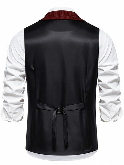 Kessoro men's herringbone single-breasted suit vest in burgundy, worn over a dress shirt