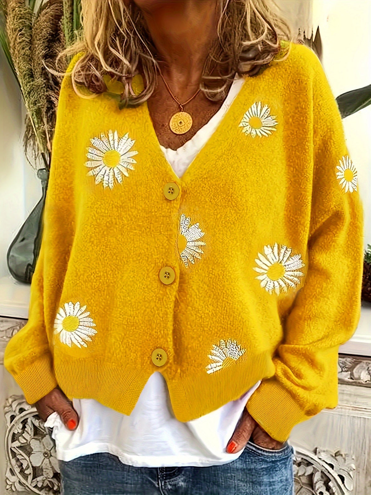 Kessoro women's floral embroidered button-front knit cardigan in green, blue, black, grey and yellow
