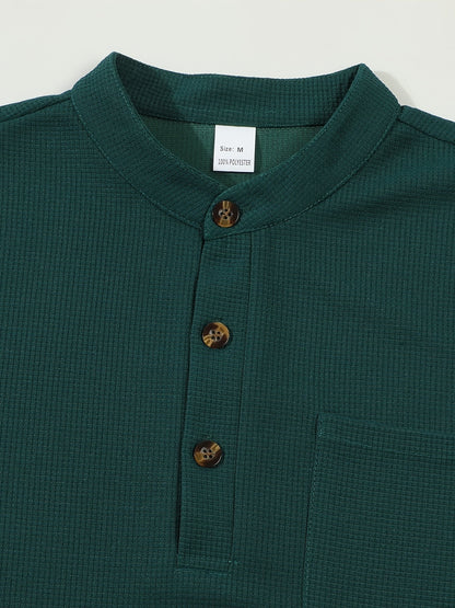 Men's textured long sleeve henley shirt in khaki, white, black, grey and burgundy, colour option 4 side view