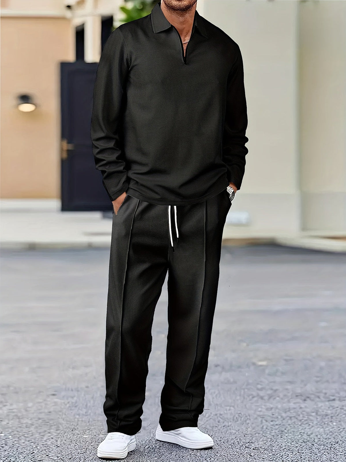 Kessoro Men's Waffle-Knit Two-Piece Outfit Set in white and black, image 12 of 21.