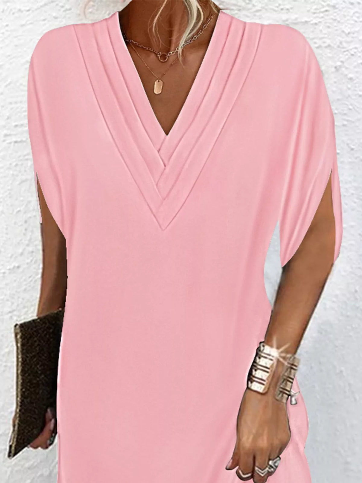 Women's V-neck mini dress with slit sleeves in army green, black, white, orange and pink