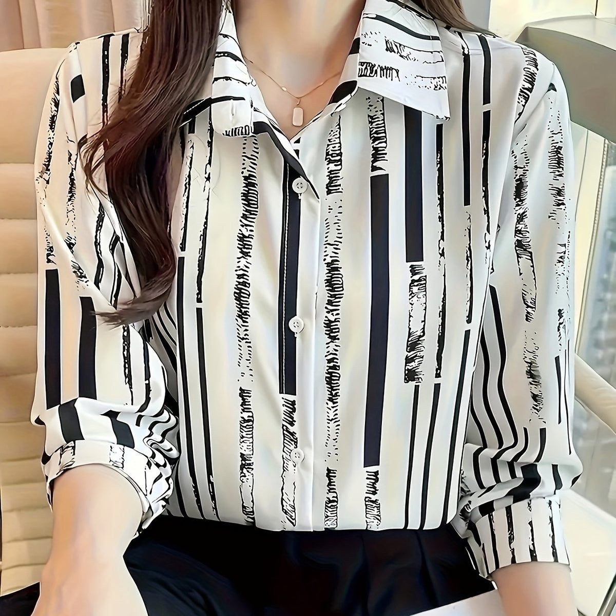 Kessoro Women's Striped Lapel Collar Button-Up Blouse in blue, sky blue, tangerine and other colourways — styled on model