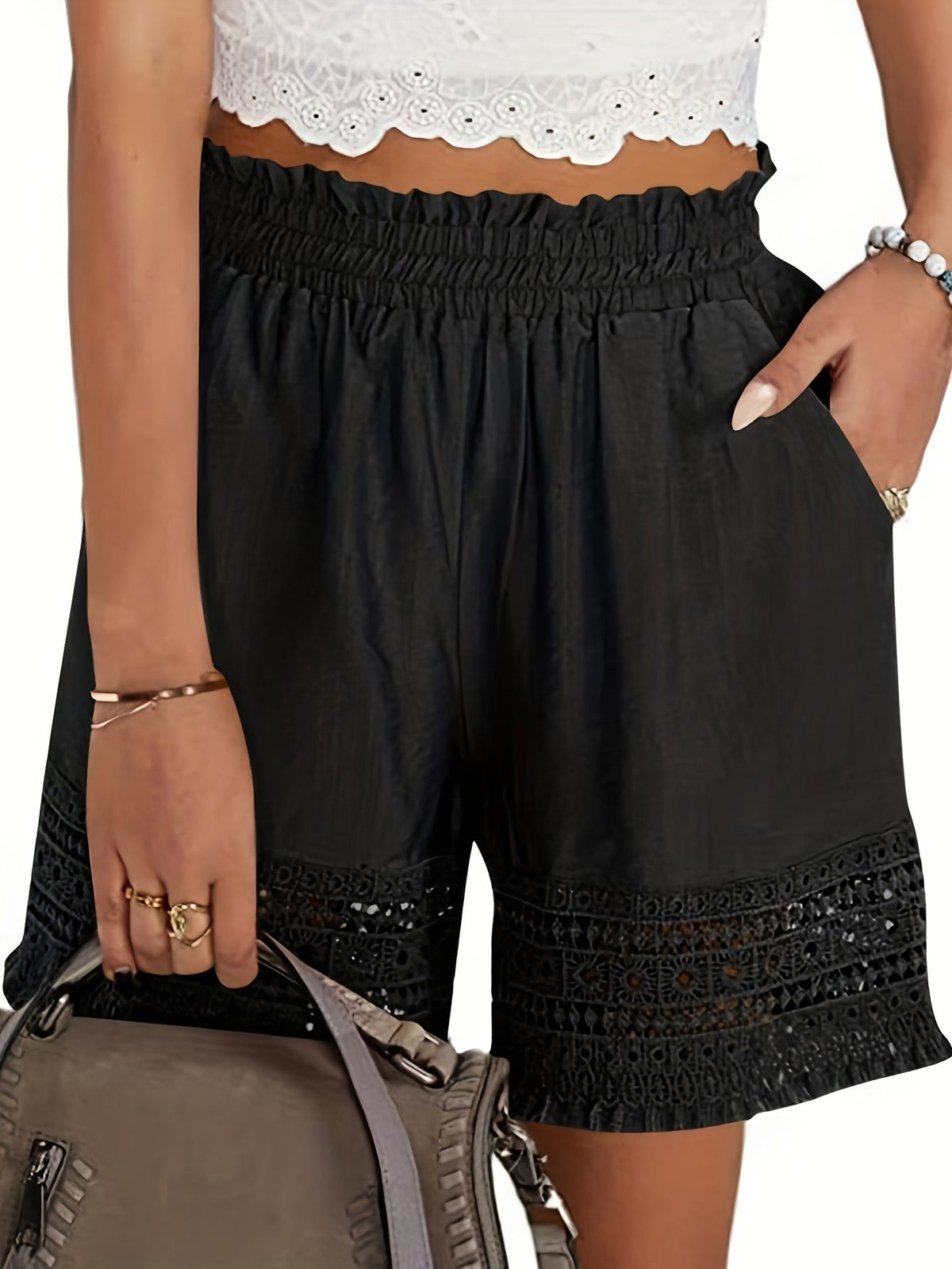 Kessoro women's lace-trim paper bag waist shorts in sky blue, khaki, black and white neutral tones