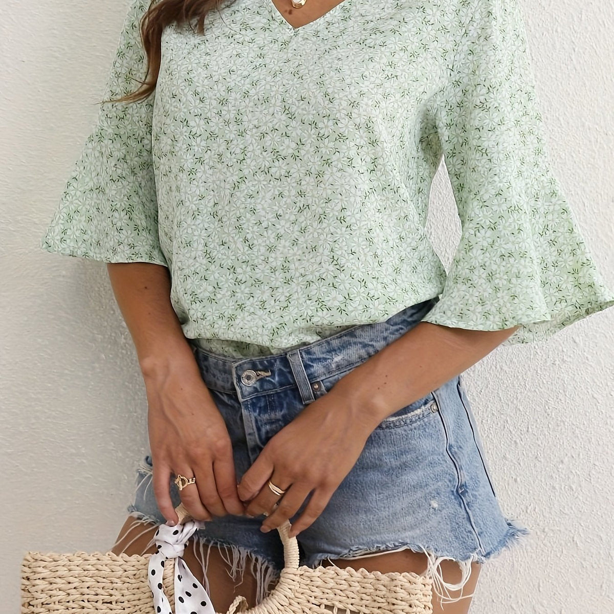 Kessoro women's floral ruffle-sleeve V-neck blouse in royal blue, yellow, green and red – image 12 of 23
