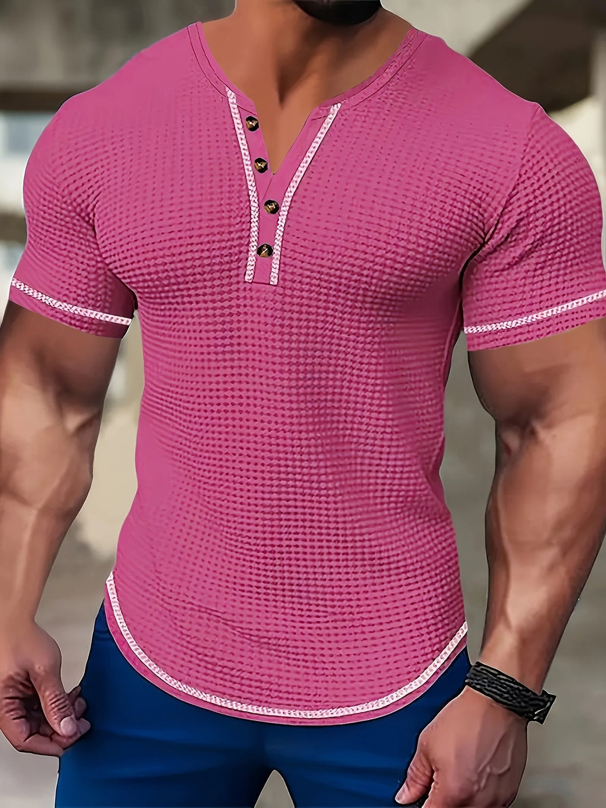 Kessoro men's textured waffle short-sleeve henley shirt in pink, khaki, light blue, navy and black, men's tops — view 1 of 6