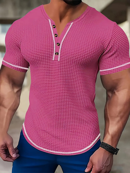 Kessoro men's textured waffle short-sleeve henley shirt in pink, khaki, light blue, navy and black, men's tops — view 1 of 6