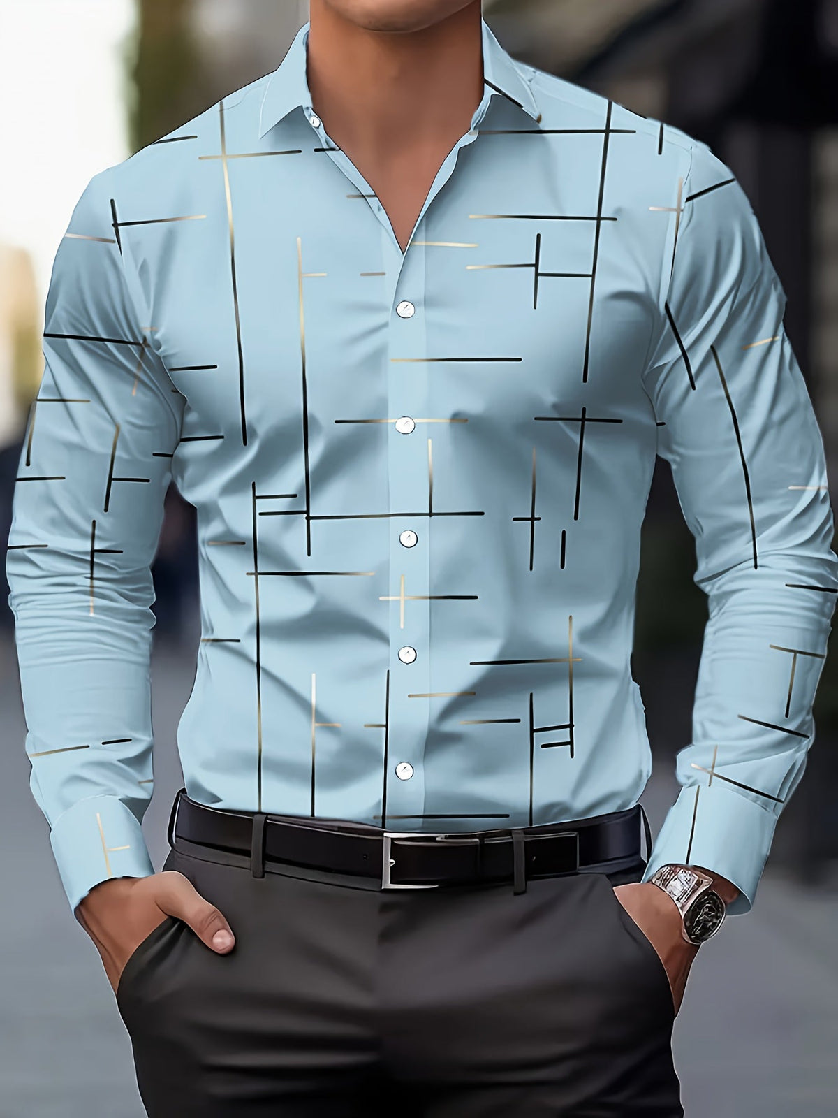 Men's line-print regular fit button-up shirt in navy, malachite green, orange yellow and pink, view 2