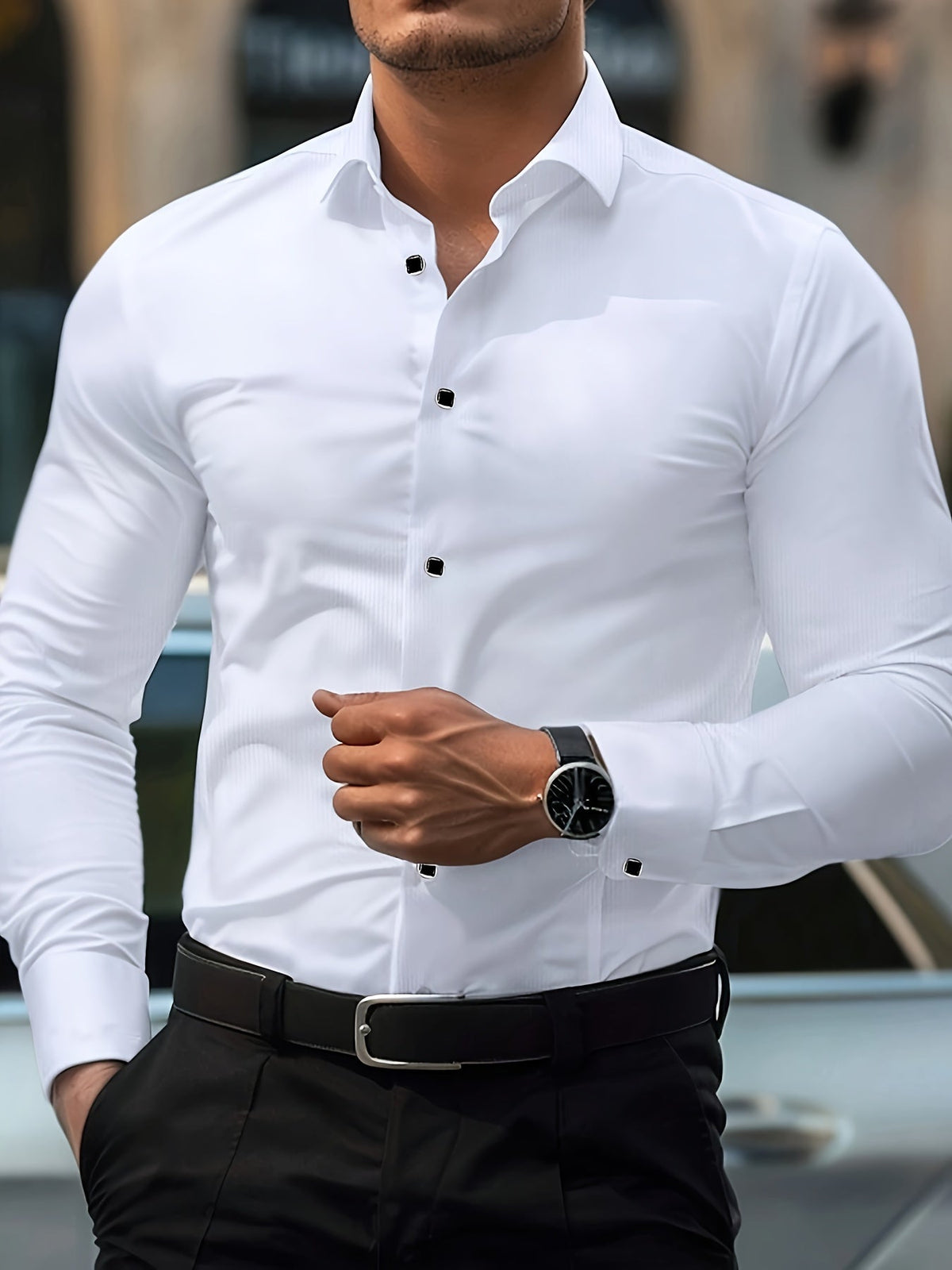 Kessoro Men's Refined Slim-Fit Dress Shirt in white, sky blue, black, dark green and light grey - men's apparel, view 2 of 32