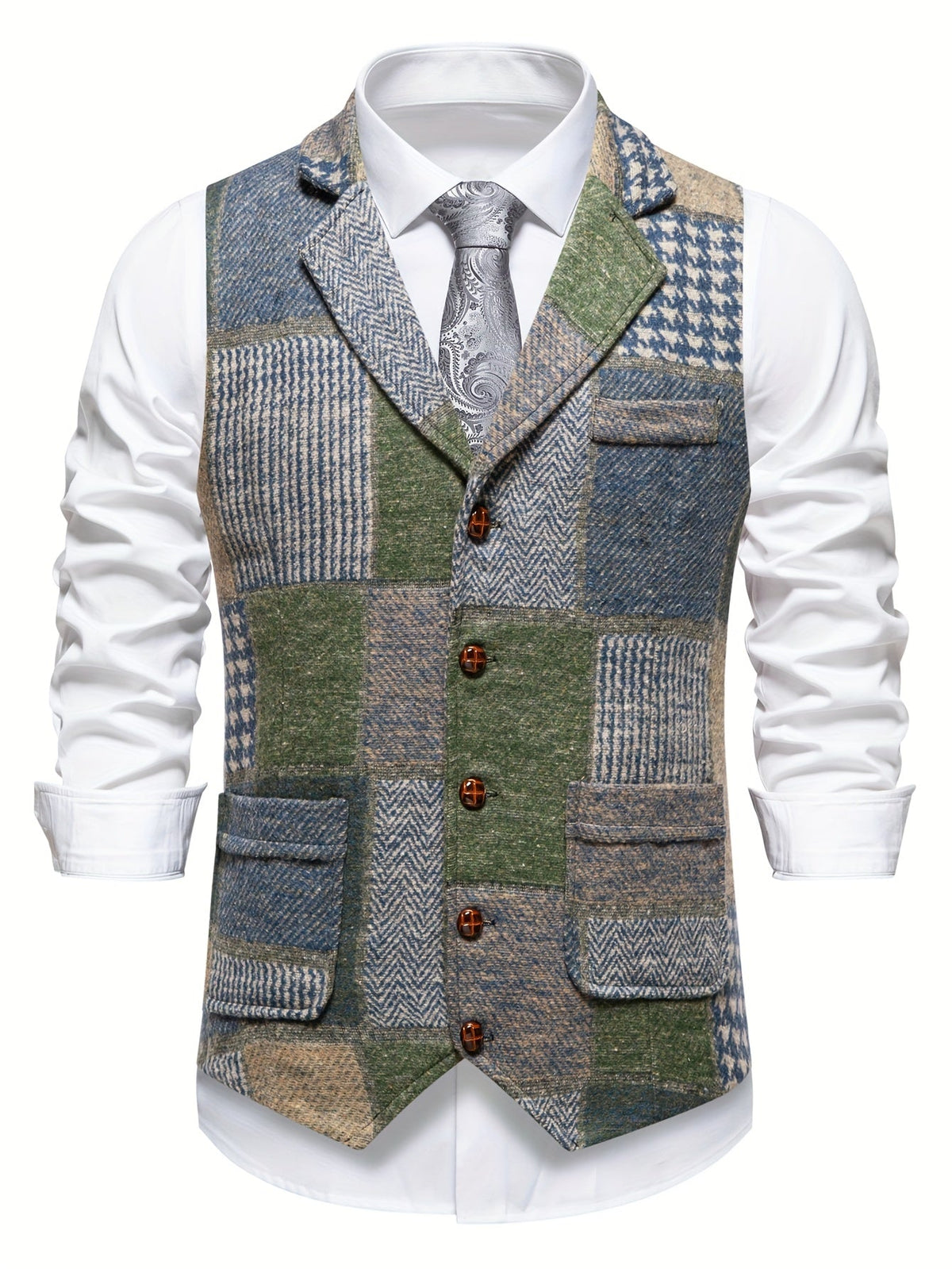 Kessoro Men's Patchwork Notch Lapel Tailored Waistcoat in grey, wine red, blue, navy and orange - men's apparel, view 15 of 31