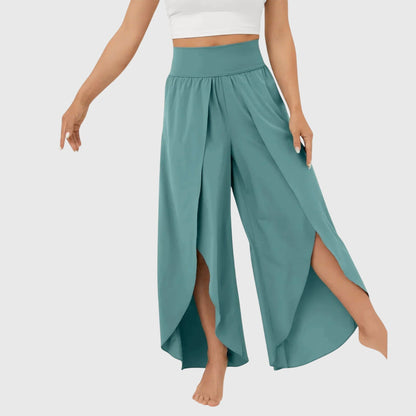 Women's high-waist flowing wide-leg split pants in a soft pastel and neutral colour family (view 2)