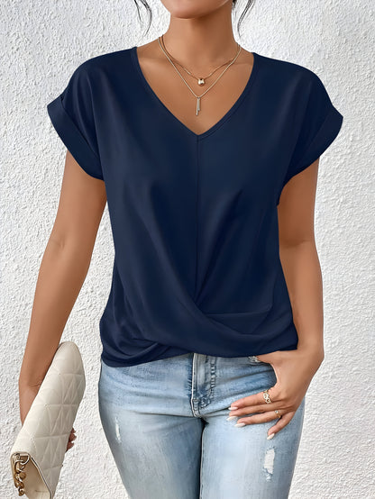 Women's twist-front V-neck top with waist-defining detail