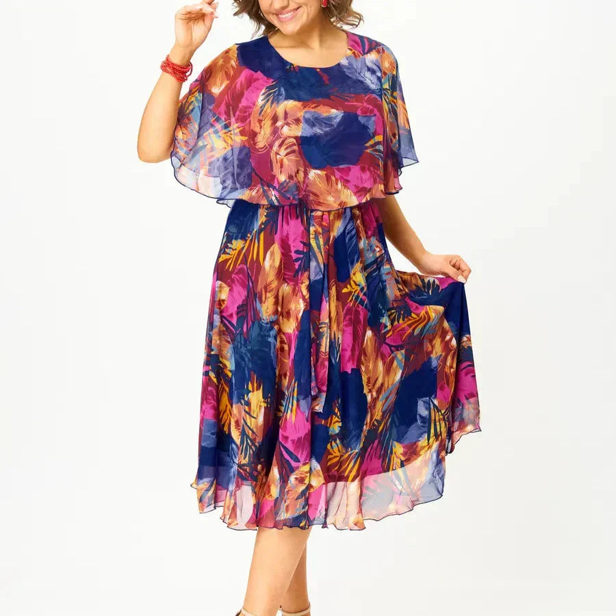 Women's A-line midi dress with a cape-style bodice, round neck and short sleeves