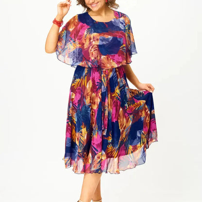 Women's A-line midi dress with a cape-style bodice, round neck and short sleeves