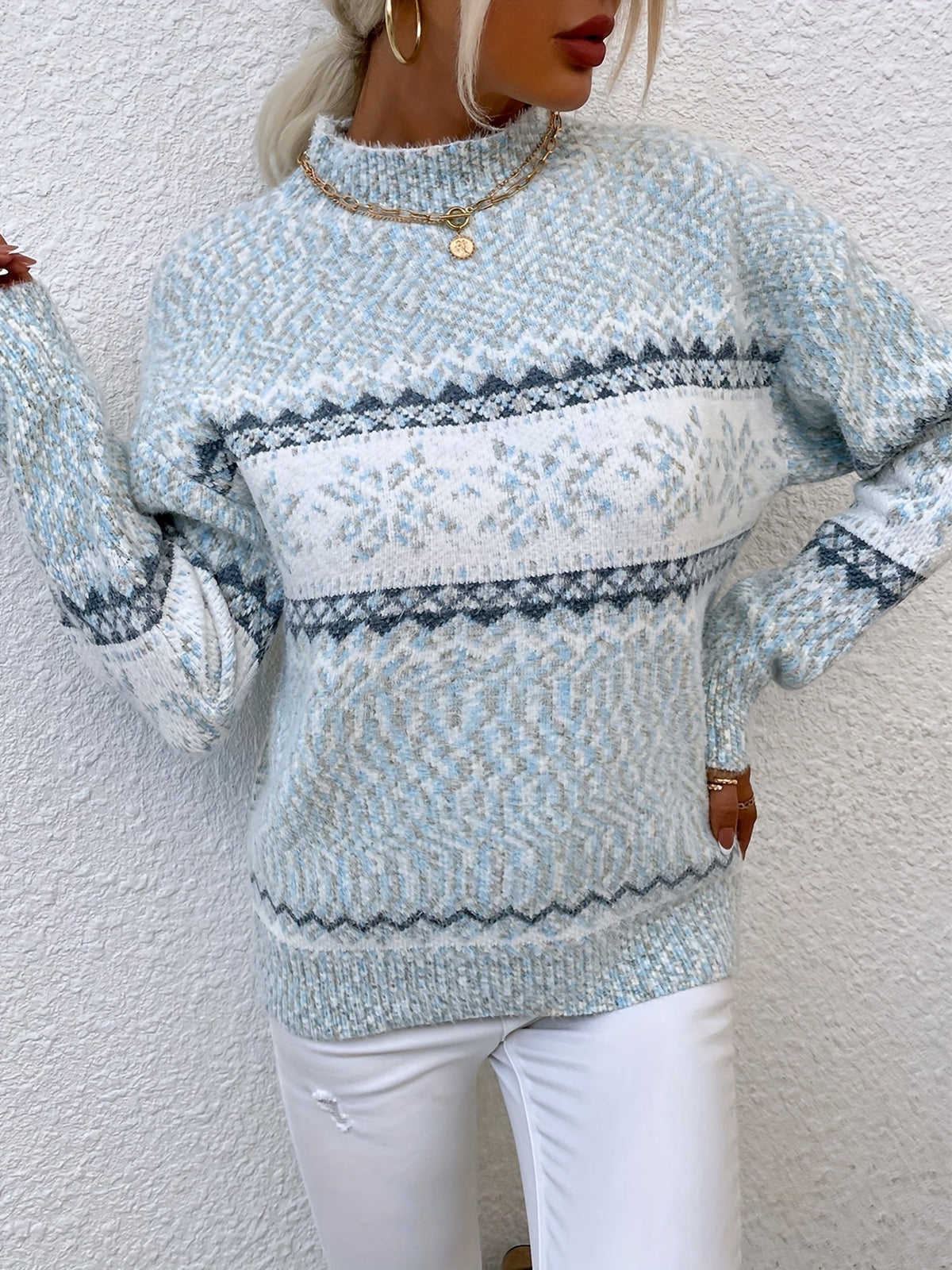 Kessoro women's snowflake mock-neck knit sweater in grey, pink or blue, view 23 of 23