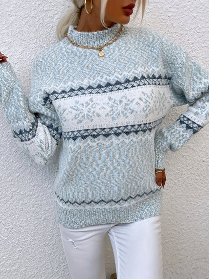 Kessoro women's snowflake mock-neck knit sweater in grey, pink or blue, view 23 of 23