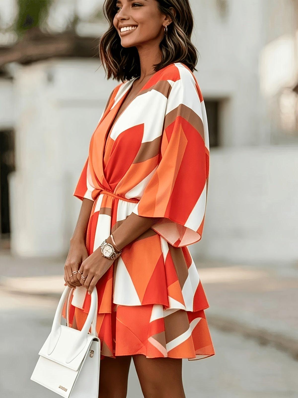 Kessoro women's batwing-sleeve tiered wrap dress shown in orange red and black colourways on a female model