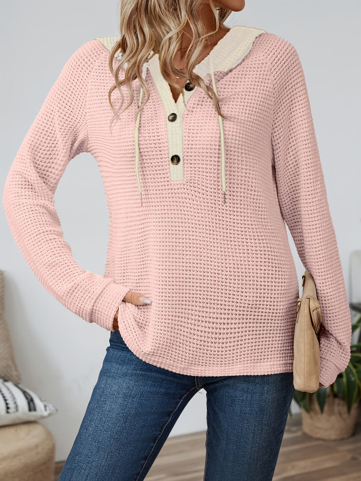 Kessoro women's waffle-knit relaxed hooded top in beige, black or pink, view 19 of 22