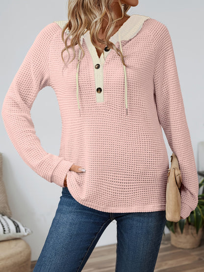 Kessoro women's waffle-knit relaxed hooded top in beige, black or pink, view 19 of 22