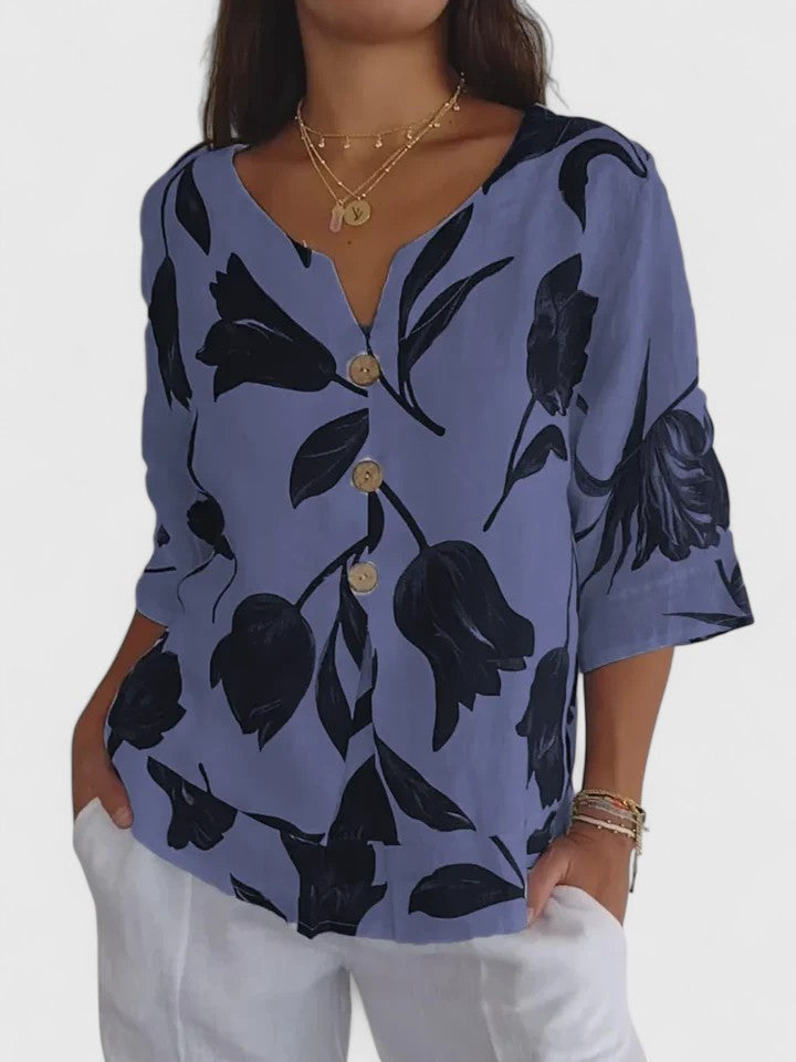 Kessoro women's relaxed floral print V-neck blouse in white, blue and pink, view 2