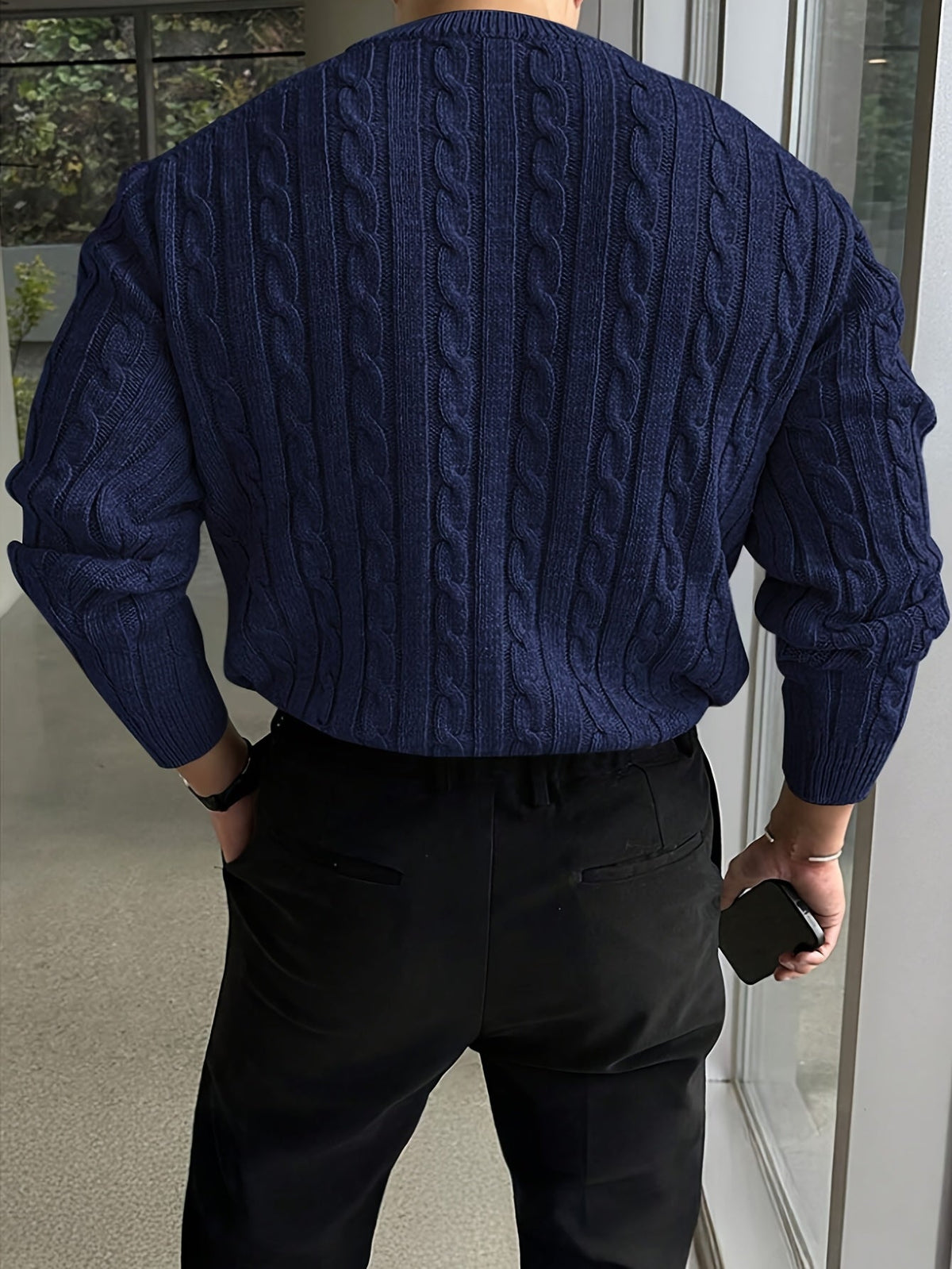 Kessoro Men's Twisted Cable-Knit Crewneck Sweater in navy and grey, image 3 of 12.