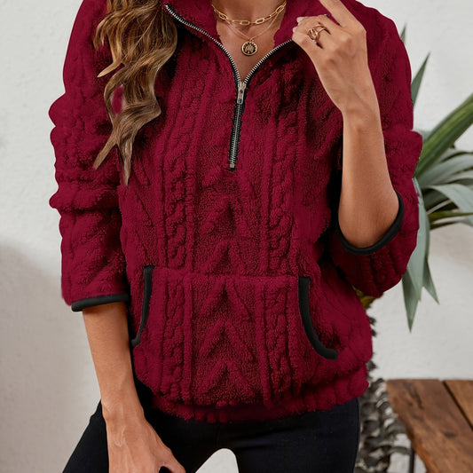 Kessoro women's plush textured half-zip pullover in burgundy, grey, pink, white, khaki, purple and blue - product view 1