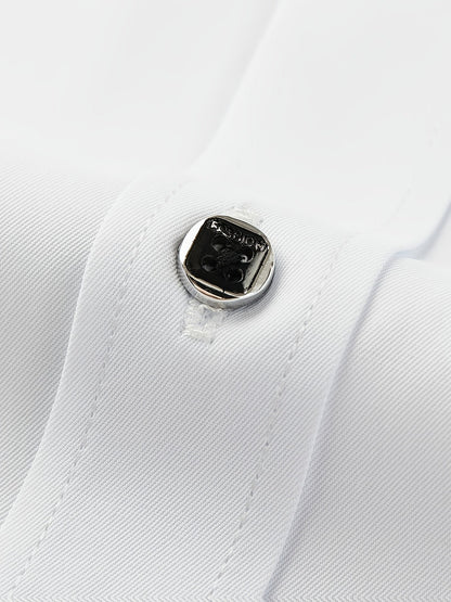 Men's tailored long-sleeve button-up shirt in sky blue, light grey and white, colour option 2 close-up view