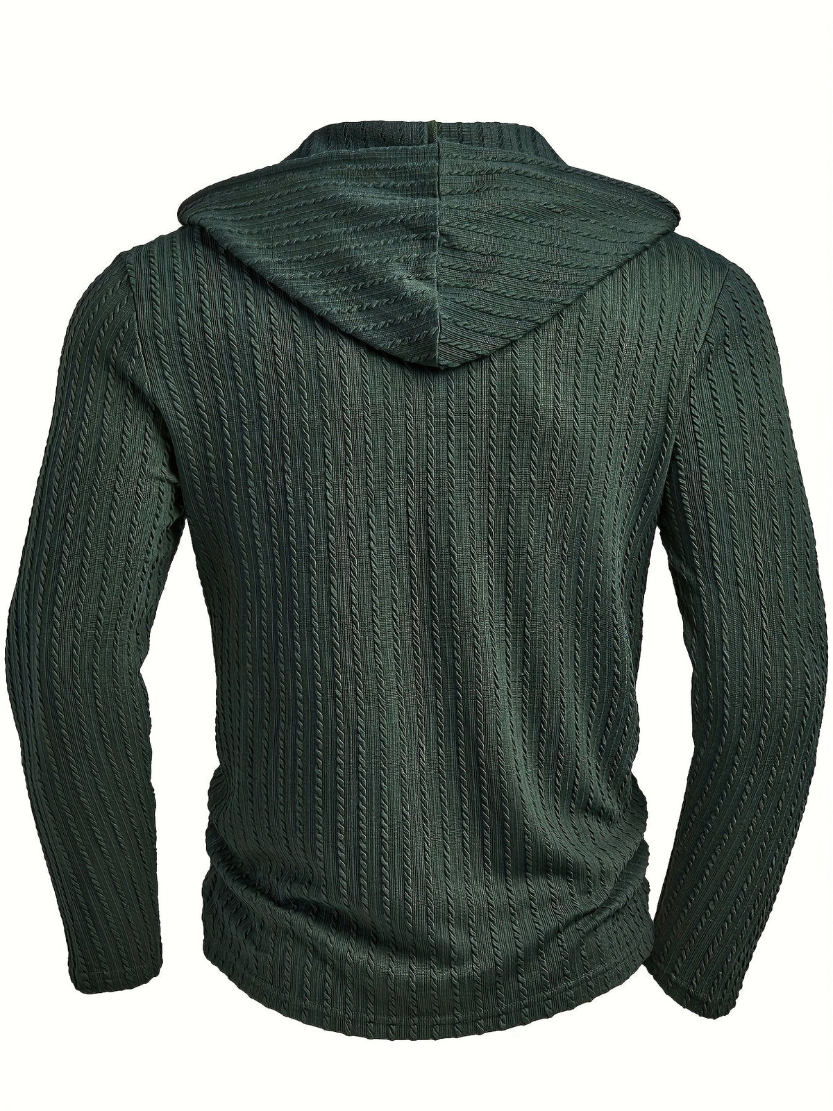 Men's textured hooded button-placket henley shirt in dark green, side view