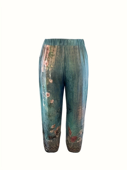 Kessoro women's botanical print elastic-waist cropped trousers in vintage plant and retro colours