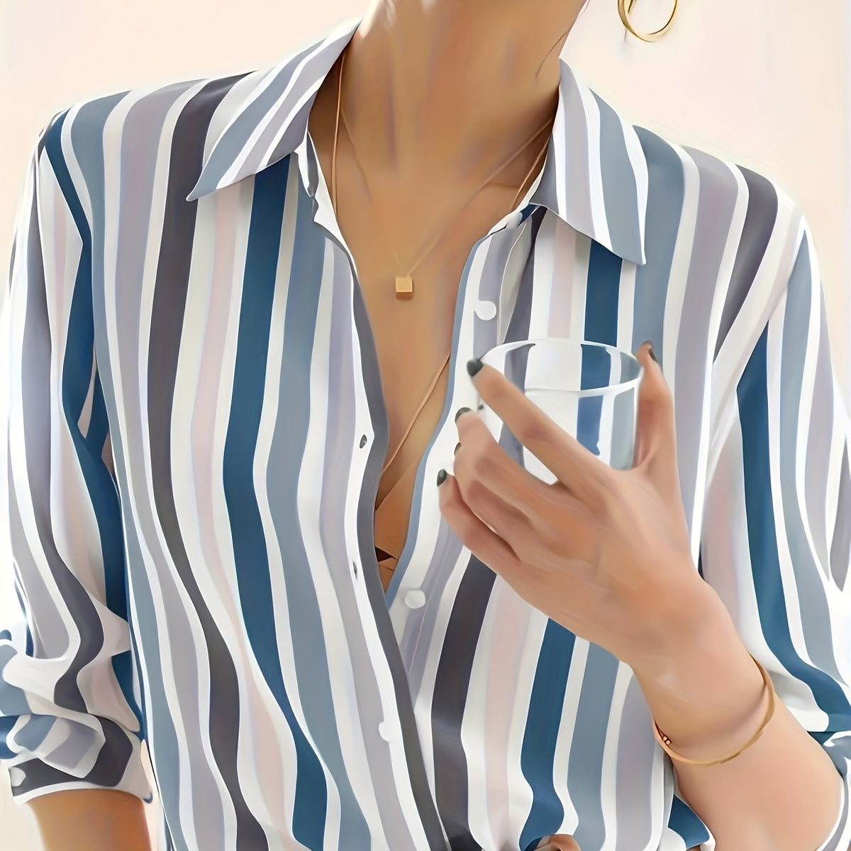 Kessoro Women's Striped Lapel Collar Button-Up Blouse in blue, sky blue, tangerine and other colourways — texture and stitching detail