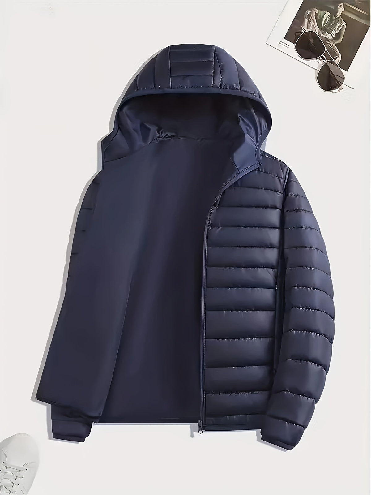 Men's lightweight quilted hooded puffer jacket in dark green, light grey, navy and black, detail view