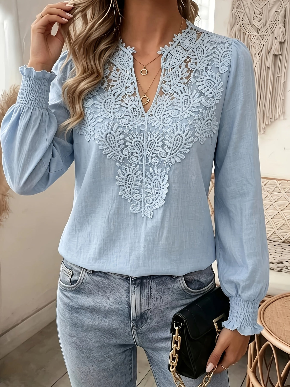 Kessoro women's embroidered V-neck lantern-sleeve blouse in white and light blue – view 11