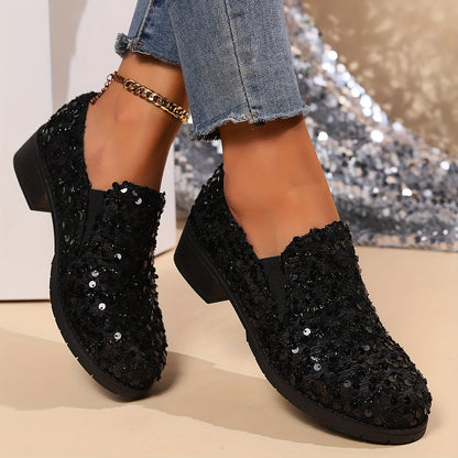 Kessoro women's sparkling block heel slip-on loafers in black