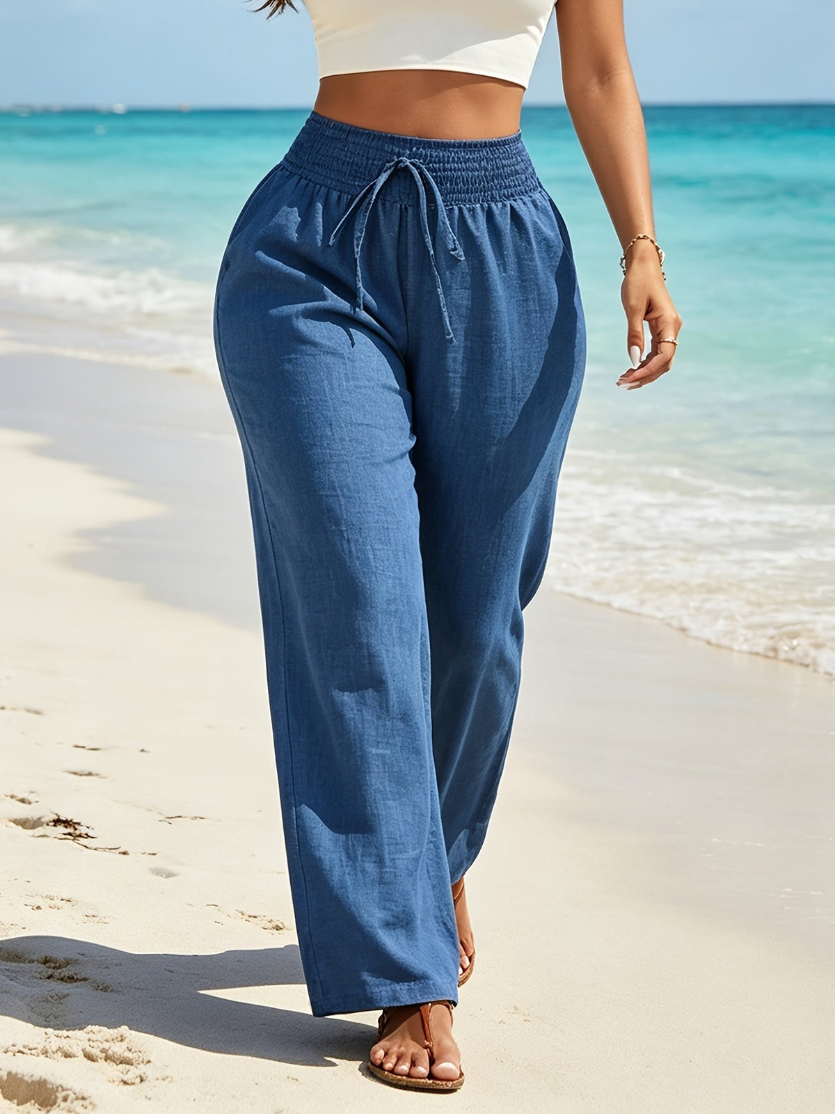 Kessoro women's navy wide-leg drawstring high-waist trousers - view 2 of 7