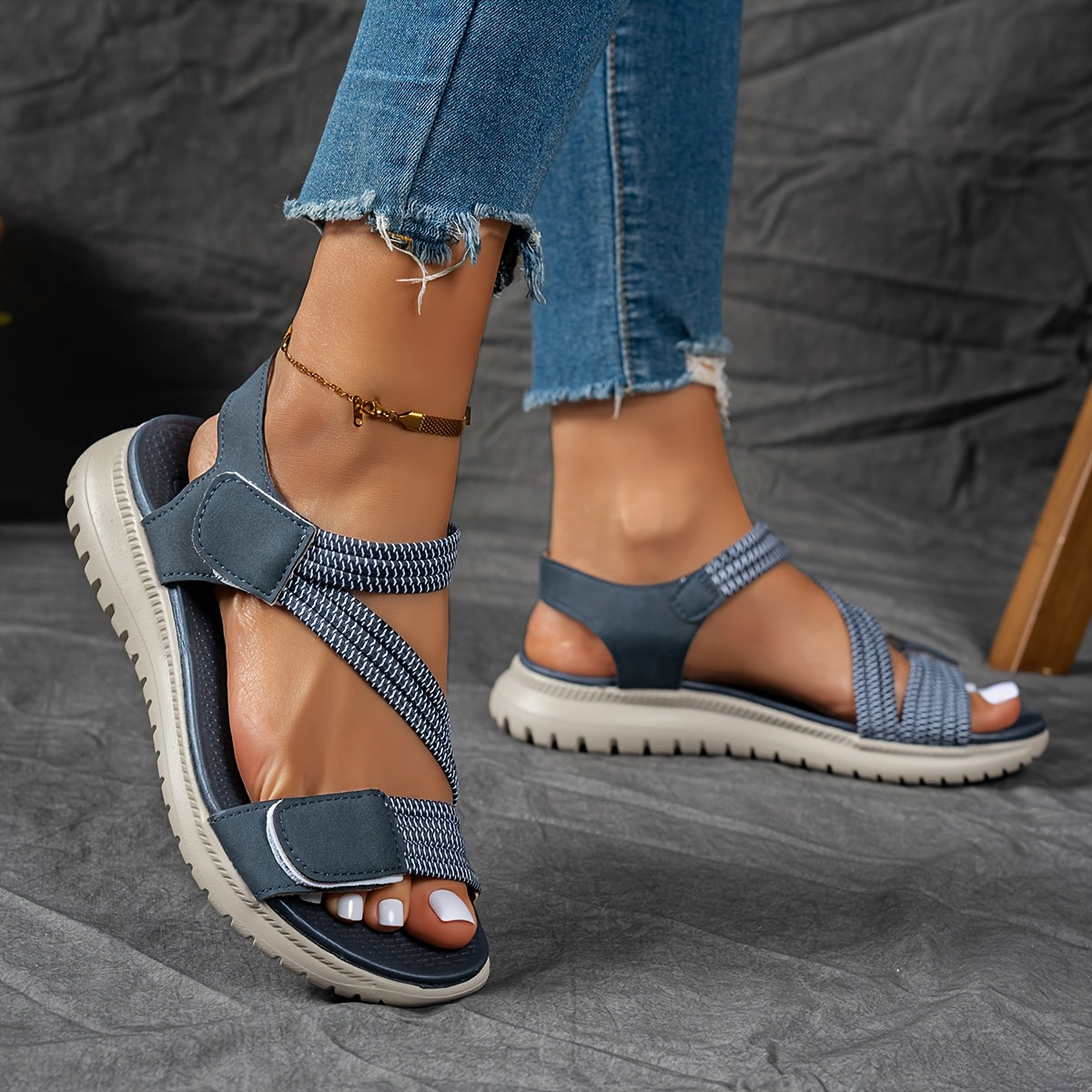 Women's adjustable strap cushioned comfort sandals in black, navy, grey, khaki, green and pink, view 2