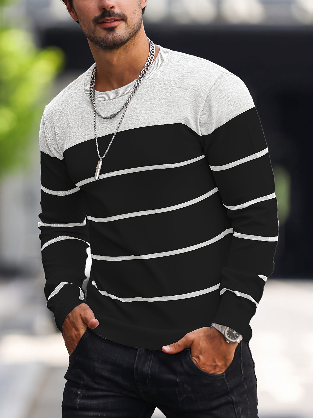 Kessoro striped crew neck knit sweater for men, detail view 19