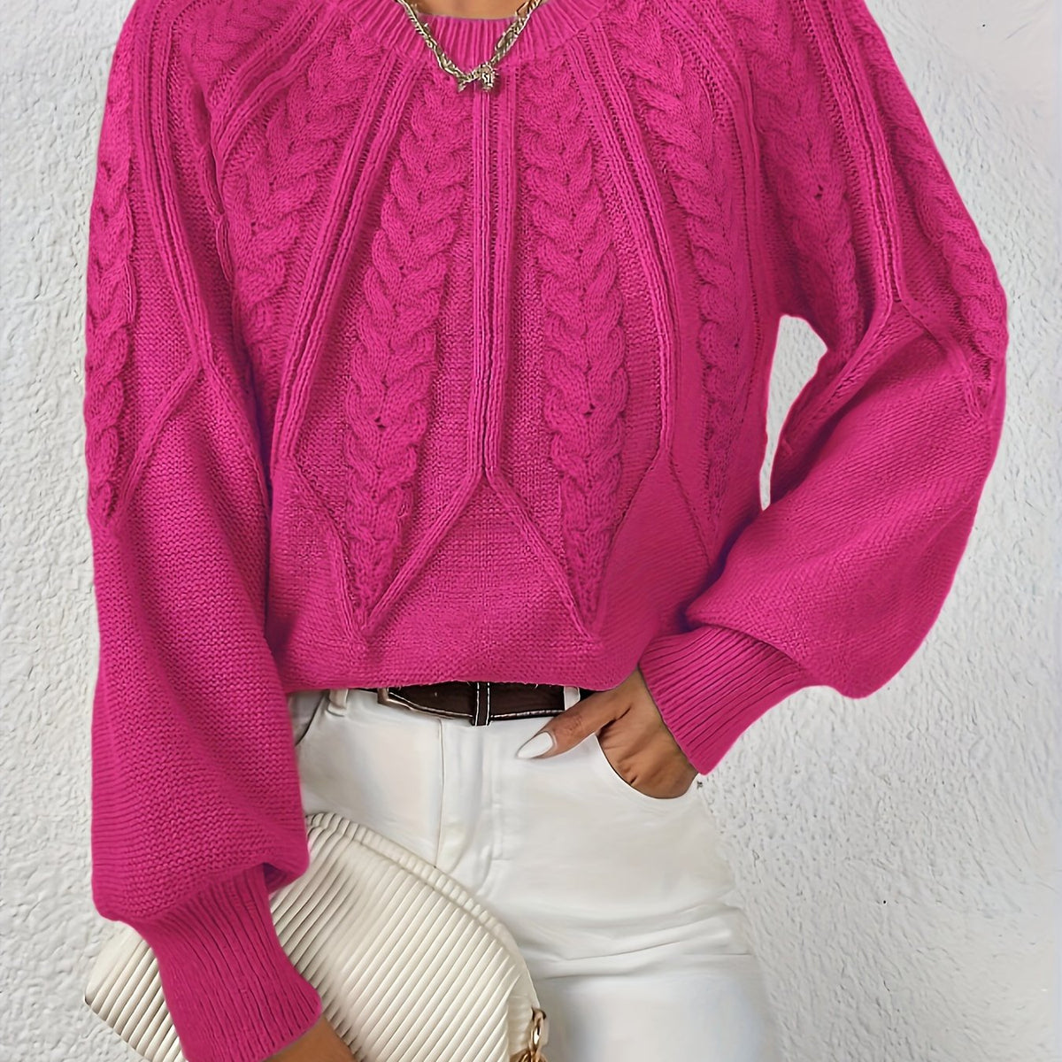 Kessoro women's cable-knit round-neck sweater in neutral and jewel-tone colourways, women's knitwear — view 23 of 23
