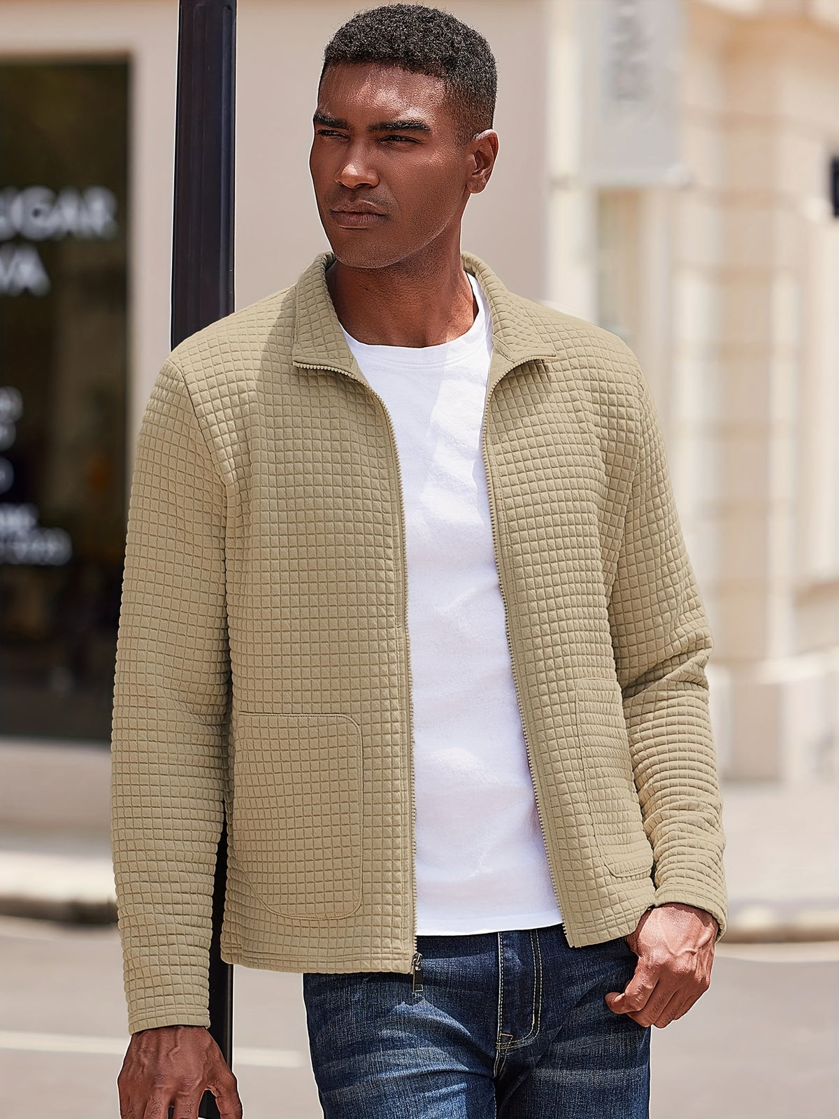 Kessoro Men's Textured Stand-Collar Full-Zip Jacket in white, khaki and black, image 10 of 18.