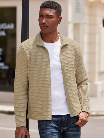Kessoro Men's Textured Stand-Collar Full-Zip Jacket in white, khaki and black, image 10 of 18.
