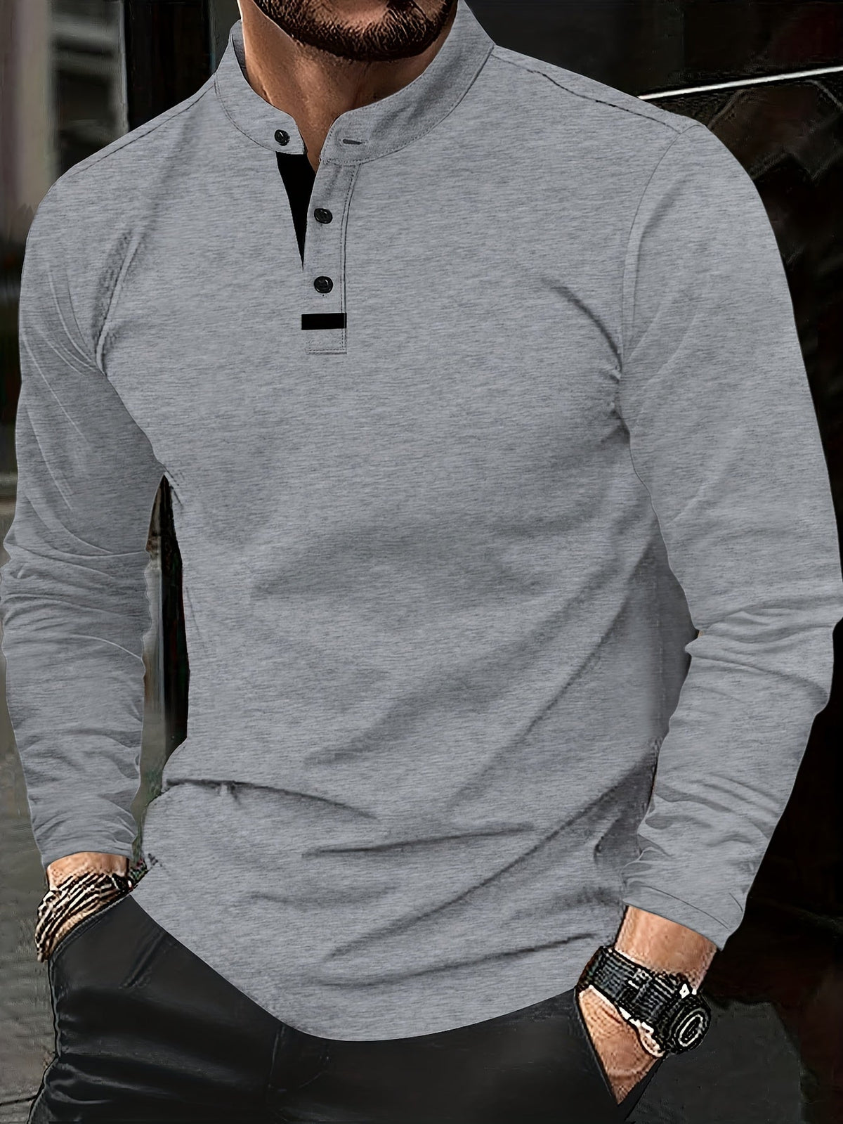 Men's refined long-sleeve button-placket henley shirt in granny gray, matcha green and navy, side view
