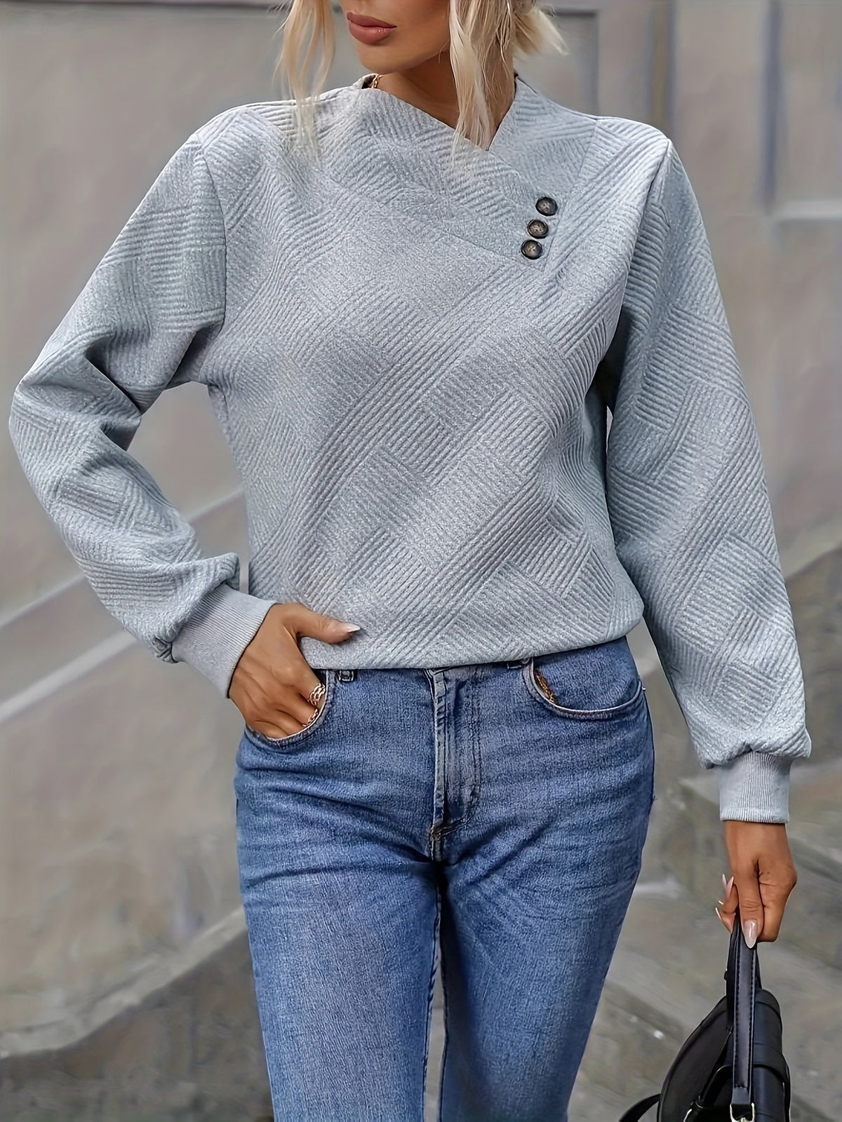 Kessoro women's asymmetrical button-neck knit sweater in space gray – image 7 of 10