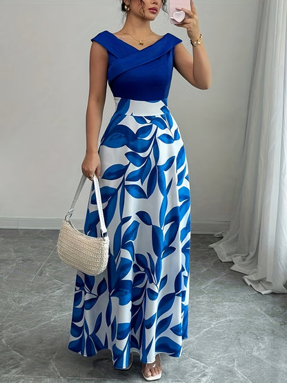 Women's leaf-print wrap-neck A-line maxi dress in a deep natural colourway