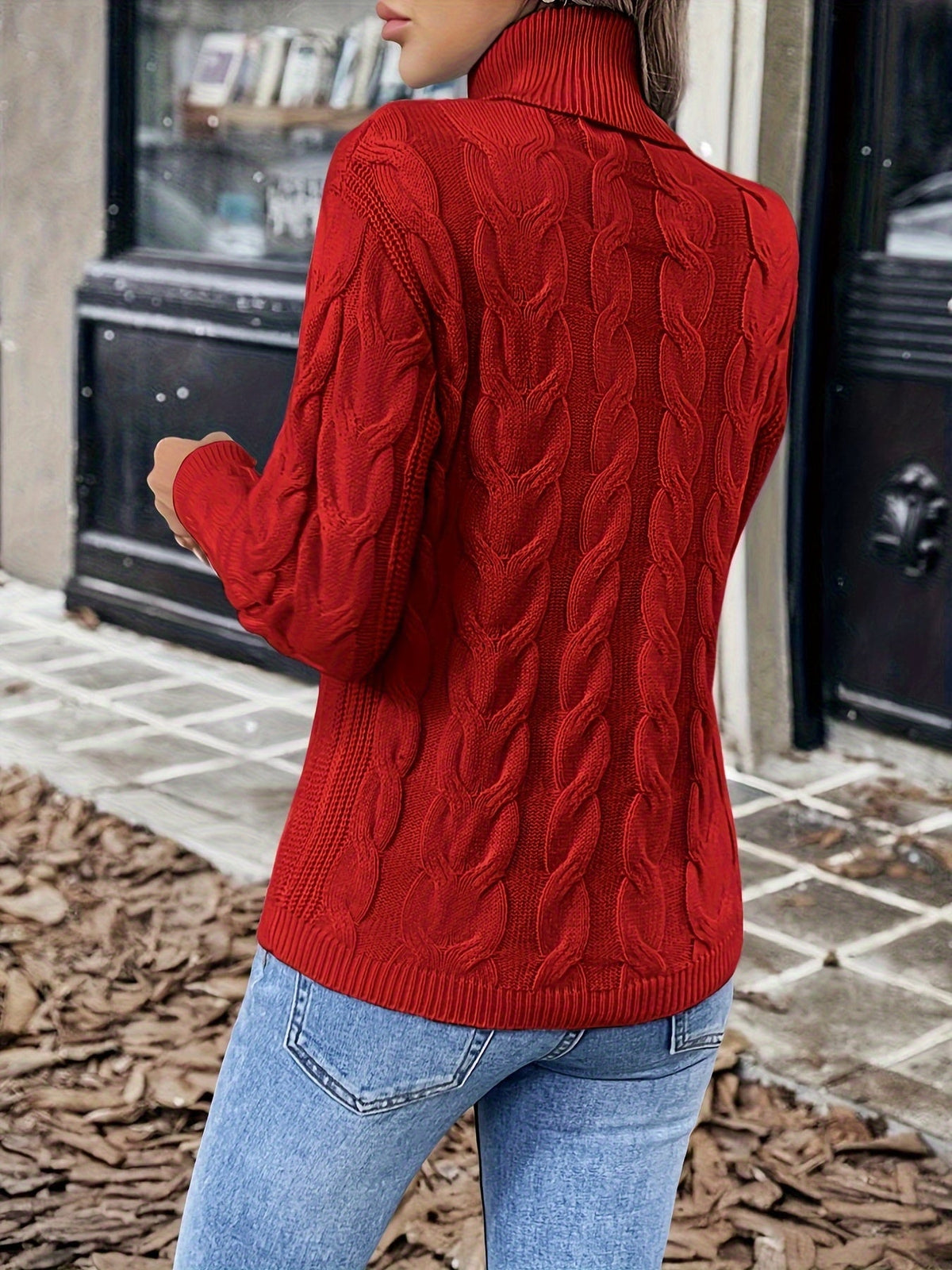 Kessoro women's cable-knit turtleneck sweater in red, black, grey, royal blue, violet, white and pink - product view 3