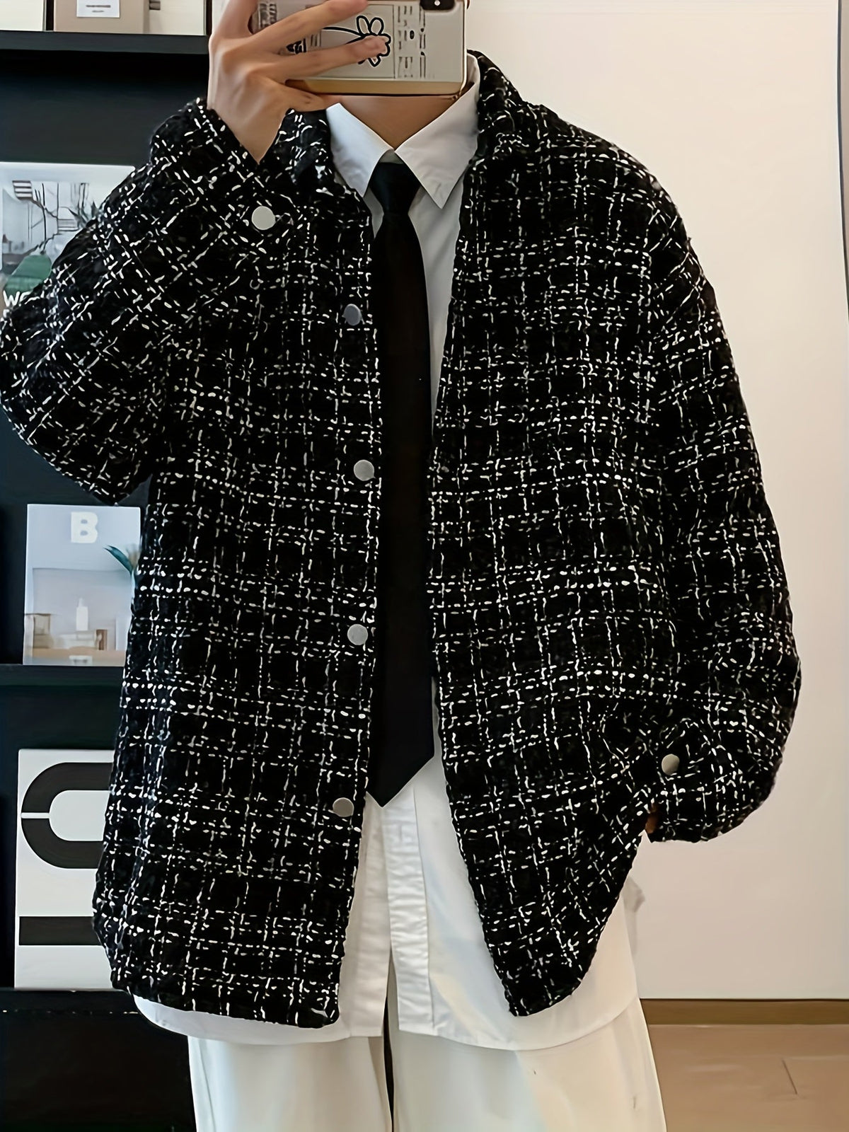 Kessoro Men's Textured Plaid Shirt Jacket in black, image 2 of 7.